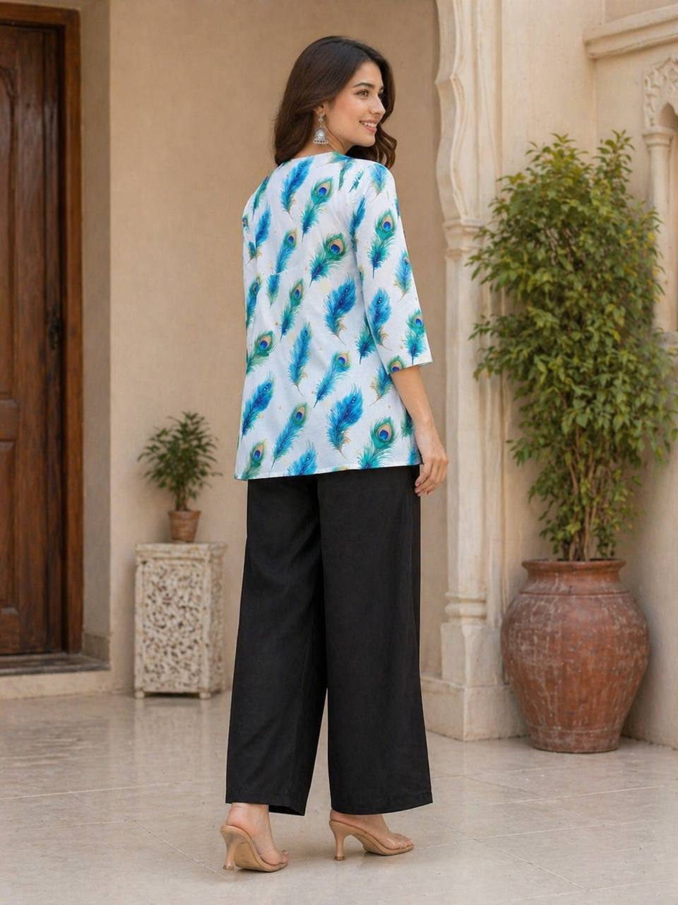 Coral Floral Print Kurti with Black Wide-Leg Palazzo Pants