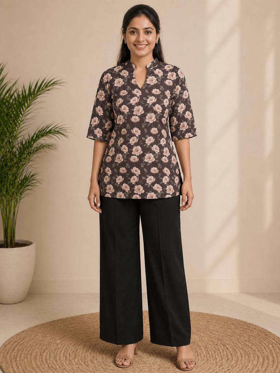 Coral Floral Print Kurti with Black Wide-Leg Palazzo Pants