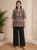 Coral Floral Print Kurti with Black Wide-Leg Palazzo Pants