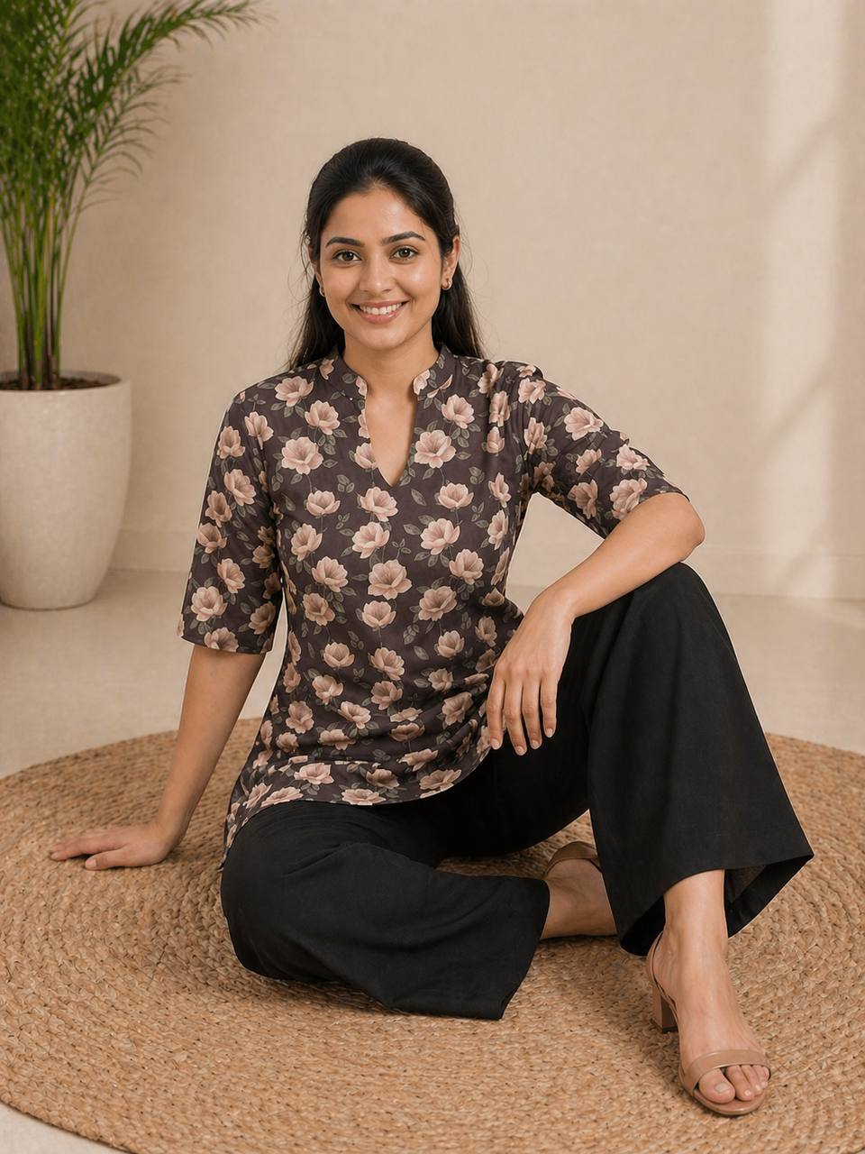 Coral Floral Print Kurti with Black Wide-Leg Palazzo Pants