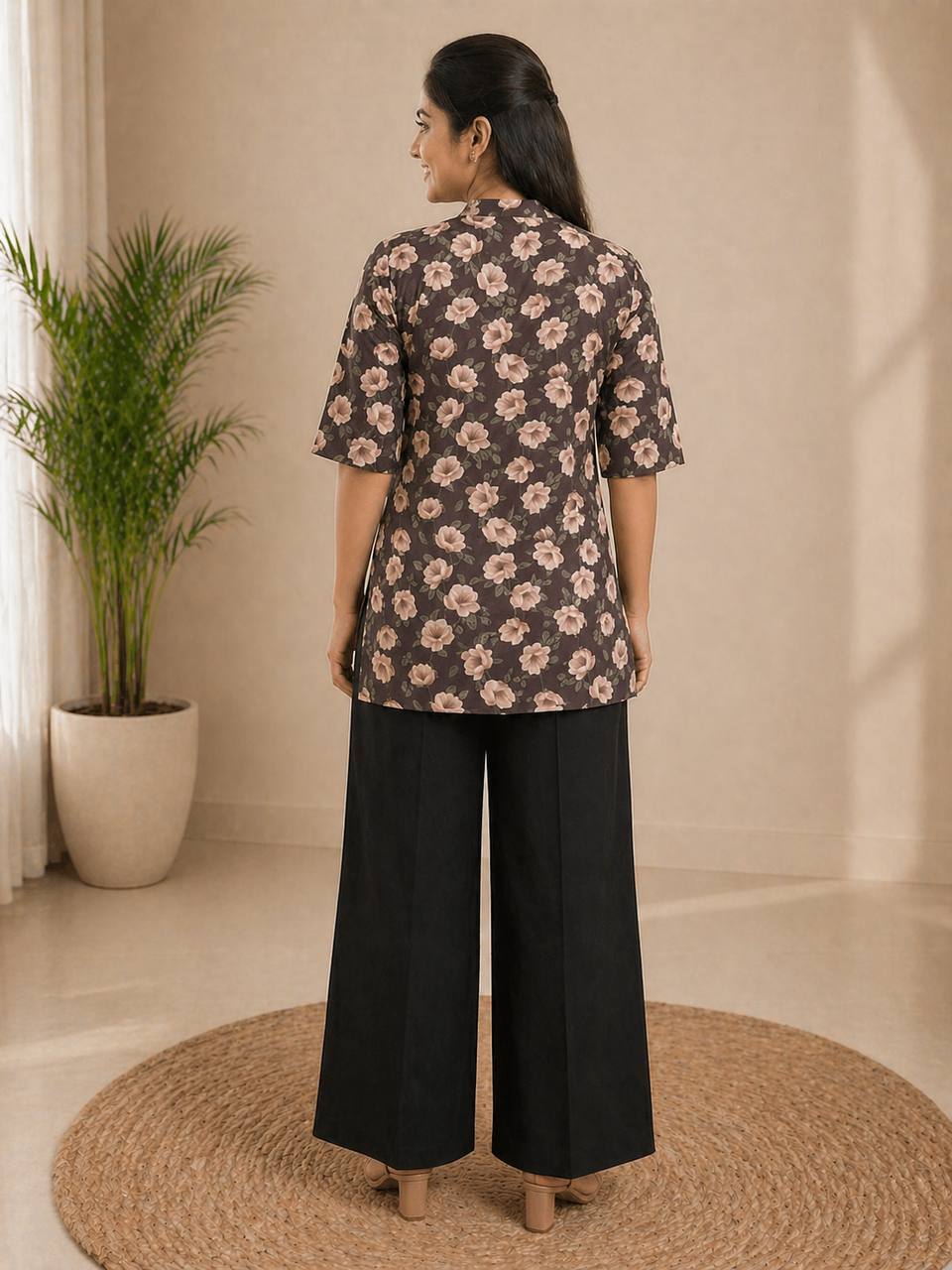 Coral Floral Print Kurti with Black Wide-Leg Palazzo Pants