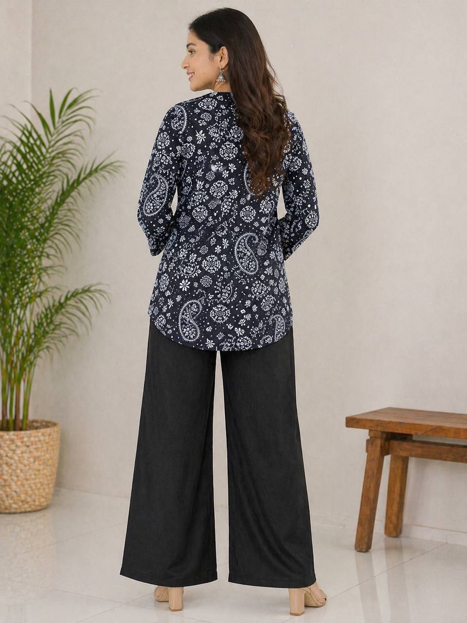 Coral Floral Print Kurti with Black Wide-Leg Palazzo Pants