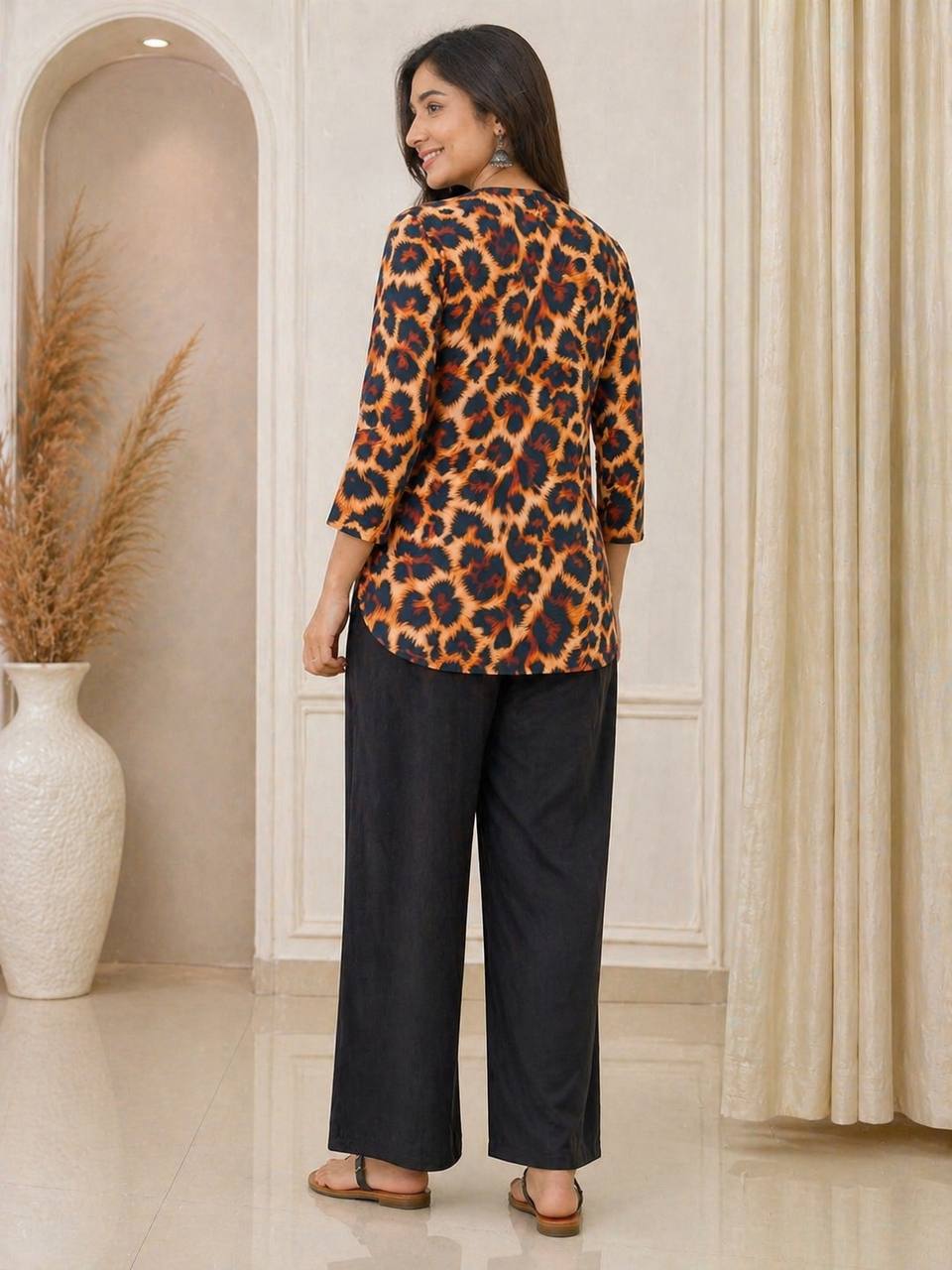 Coral Print Kurti with Black Wide-Leg Palazzo Pants