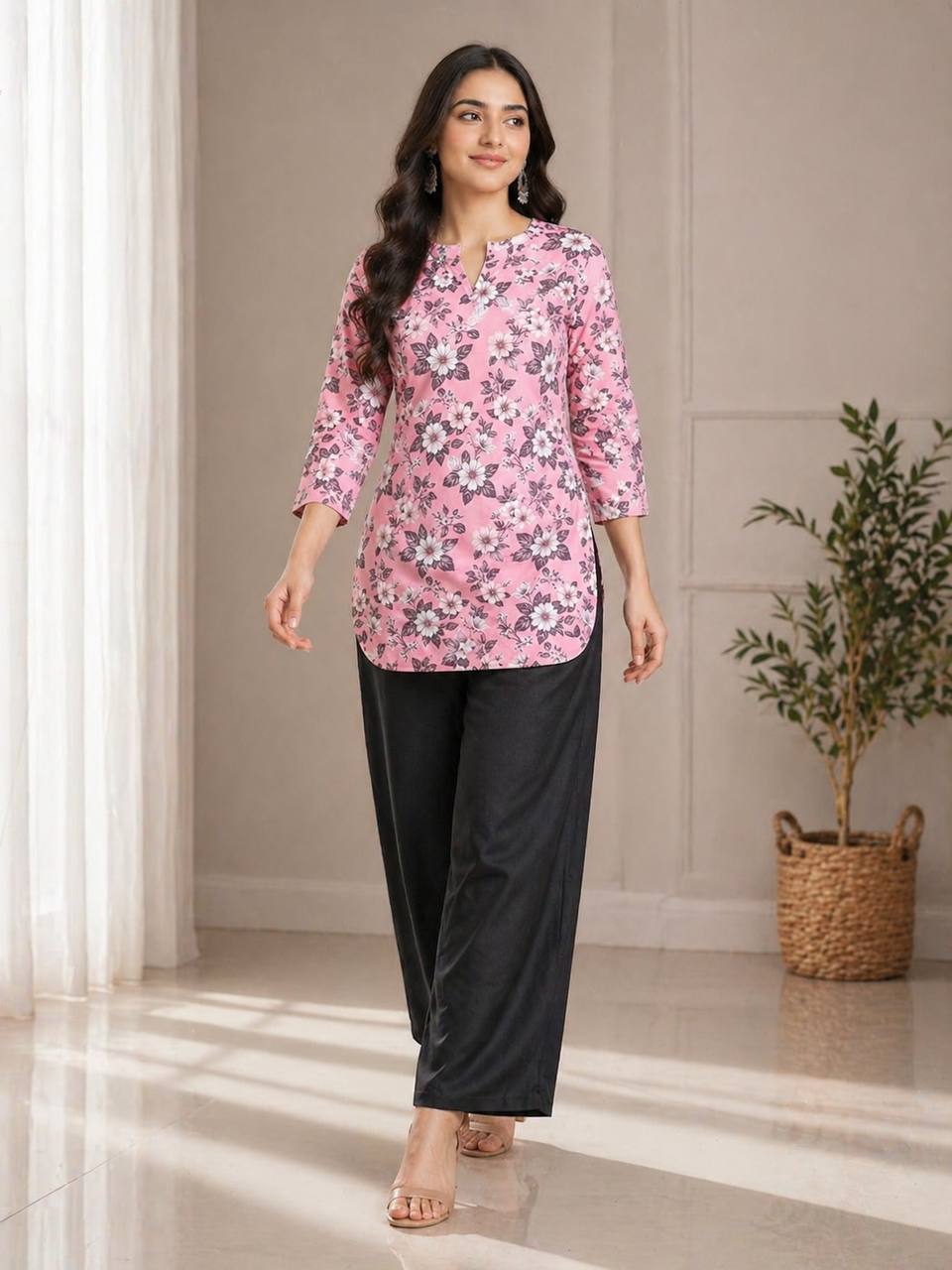 Coral Floral Print Kurti with Black Wide-Leg Palazzo Pants