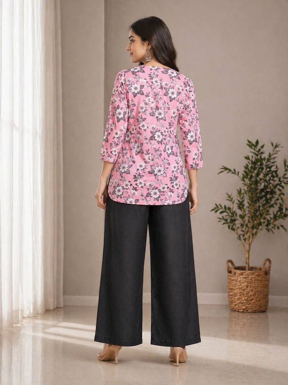 Coral Floral Print Kurti with Black Wide-Leg Palazzo Pants