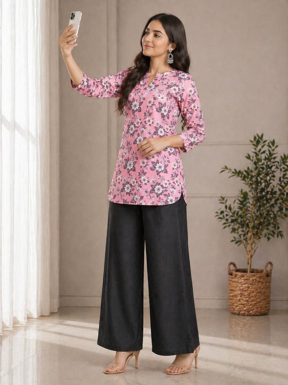 Coral Floral Print Kurti with Black Wide-Leg Palazzo Pants