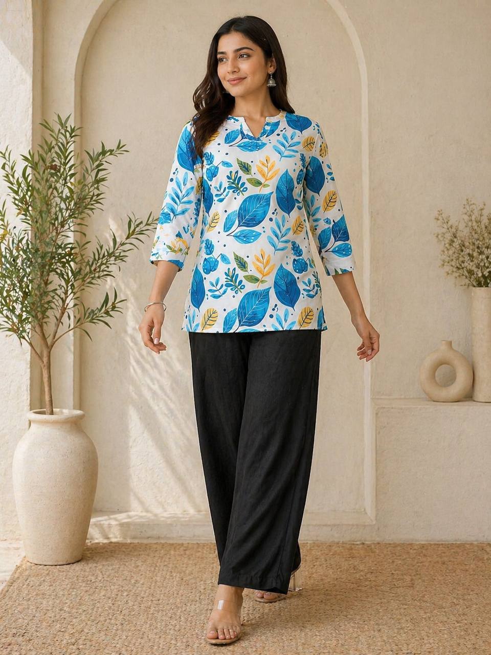 Coral Floral Print Kurti with Black Wide-Leg Palazzo Pants