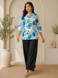 Coral Floral Print Kurti with Black Wide-Leg Palazzo Pants