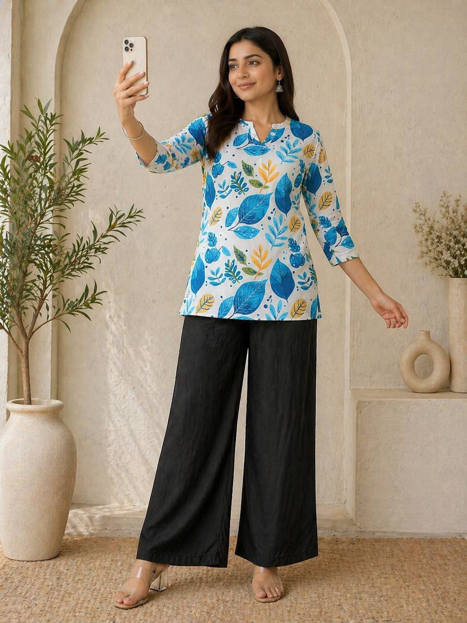 Coral Floral Print Kurti with Black Wide-Leg Palazzo Pants