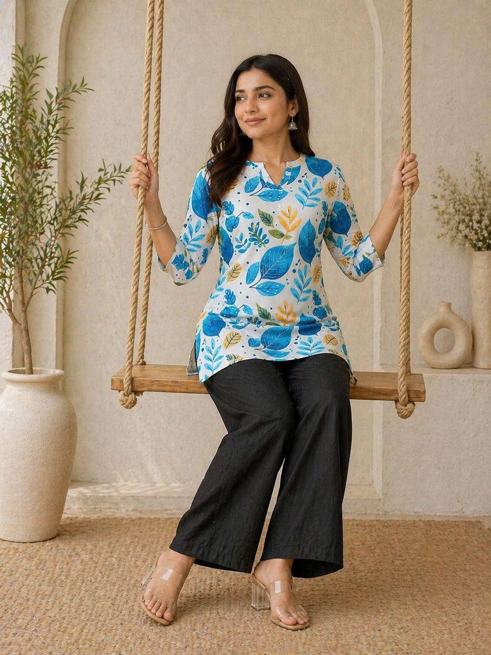 Coral Floral Print Kurti with Black Wide-Leg Palazzo Pants