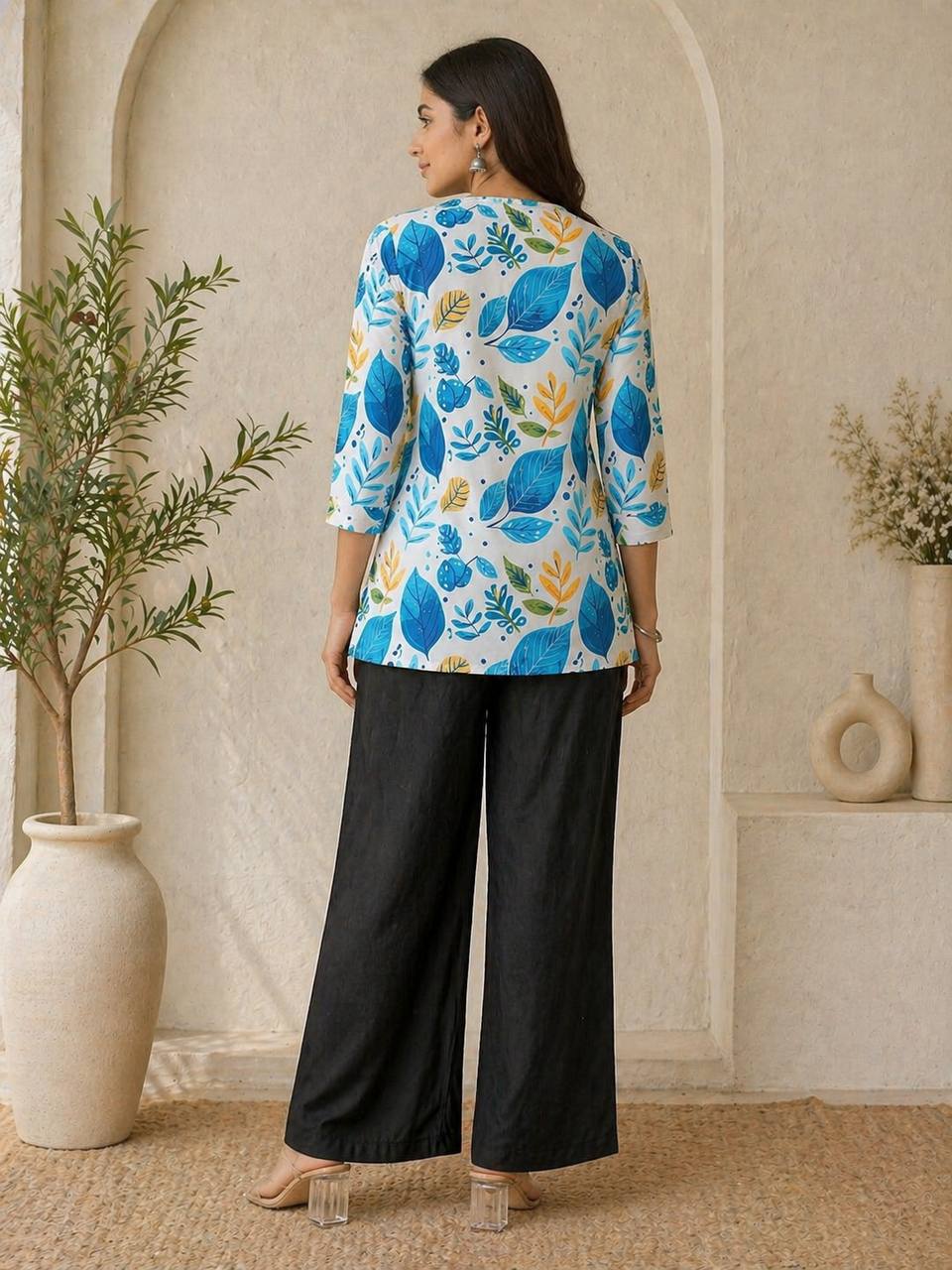 Coral Floral Print Kurti with Black Wide-Leg Palazzo Pants