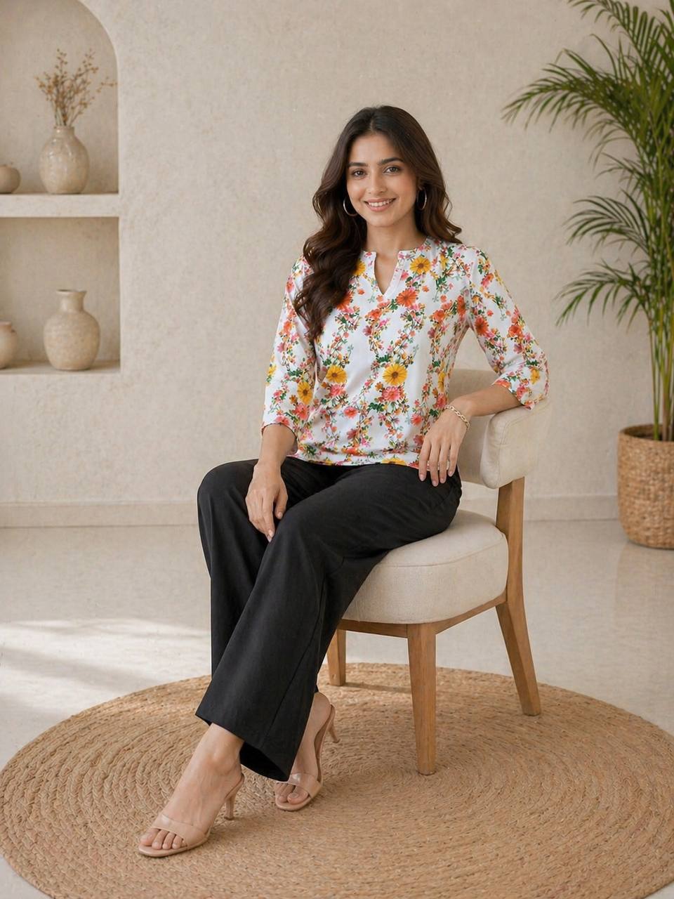 Coral Floral Print Kurti with Black Wide-Leg Palazzo Pants