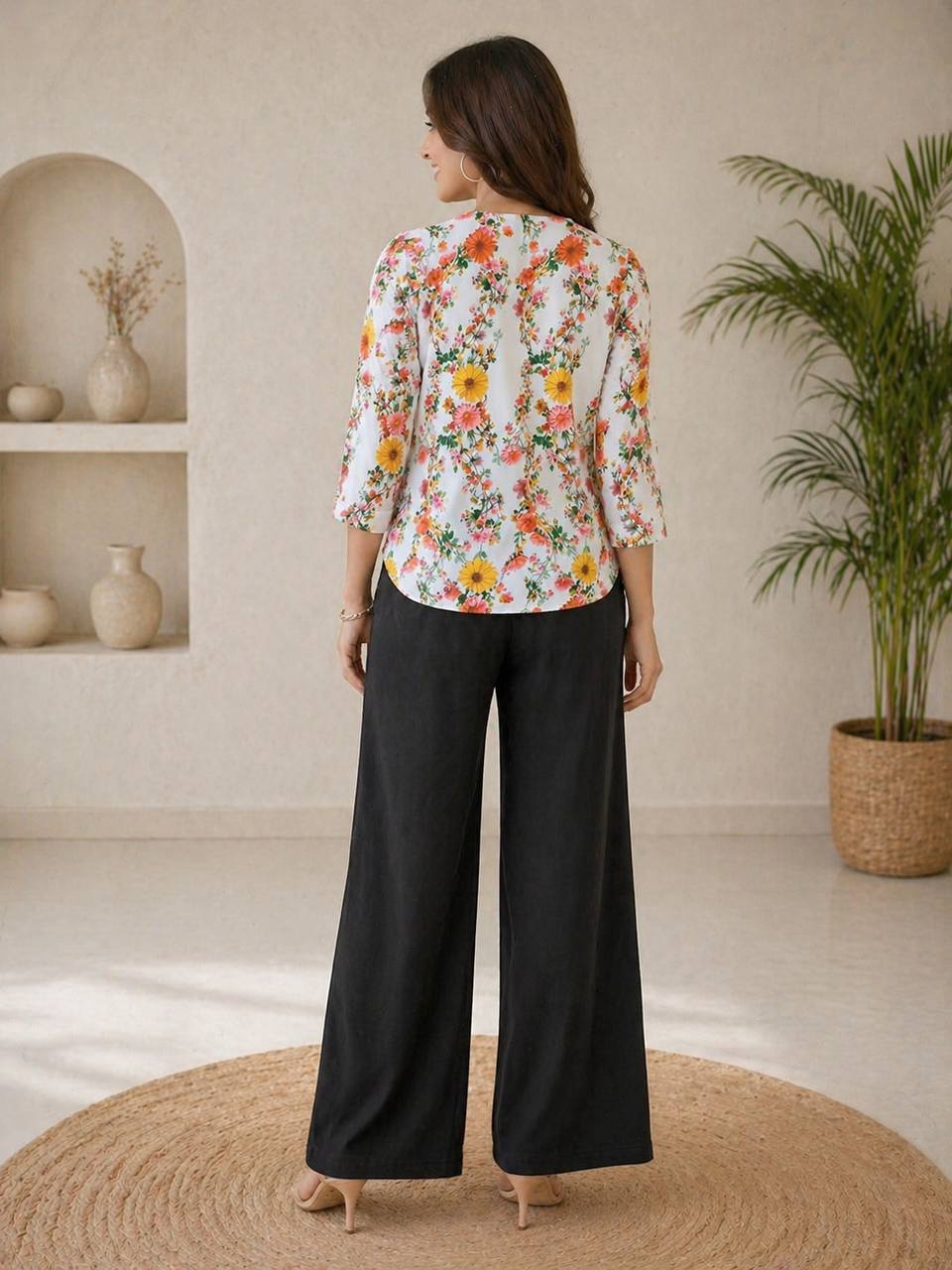 Coral Floral Print Kurti with Black Wide-Leg Palazzo Pants