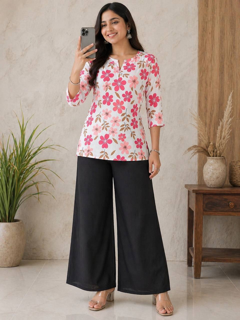 Coral Floral Print Kurti with Black Wide-Leg Palazzo Pants