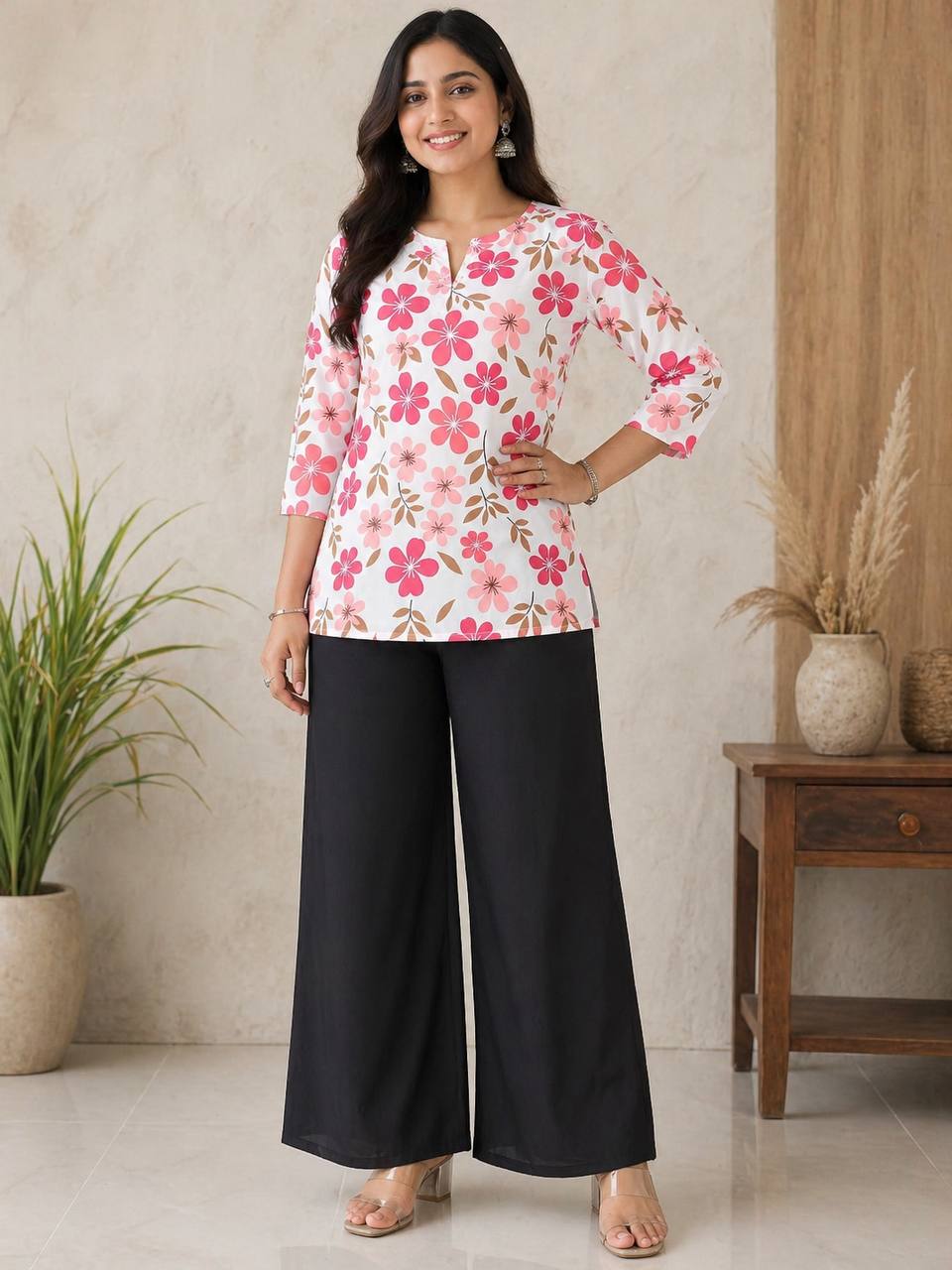 Coral Floral Print Kurti with Black Wide-Leg Palazzo Pants
