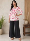 Coral Floral Print Kurti with Black Wide-Leg Palazzo Pants