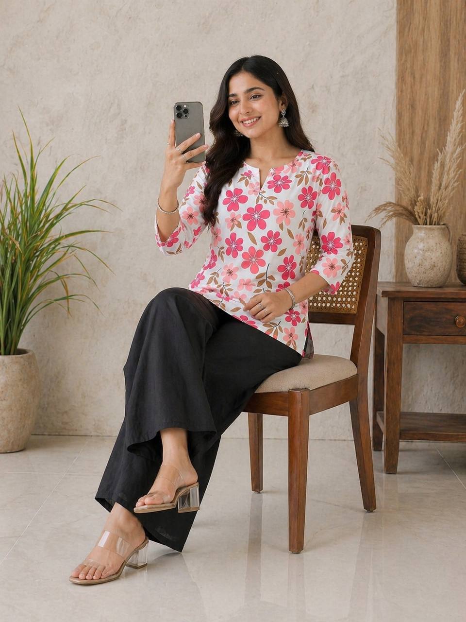 Coral Floral Print Kurti with Black Wide-Leg Palazzo Pants