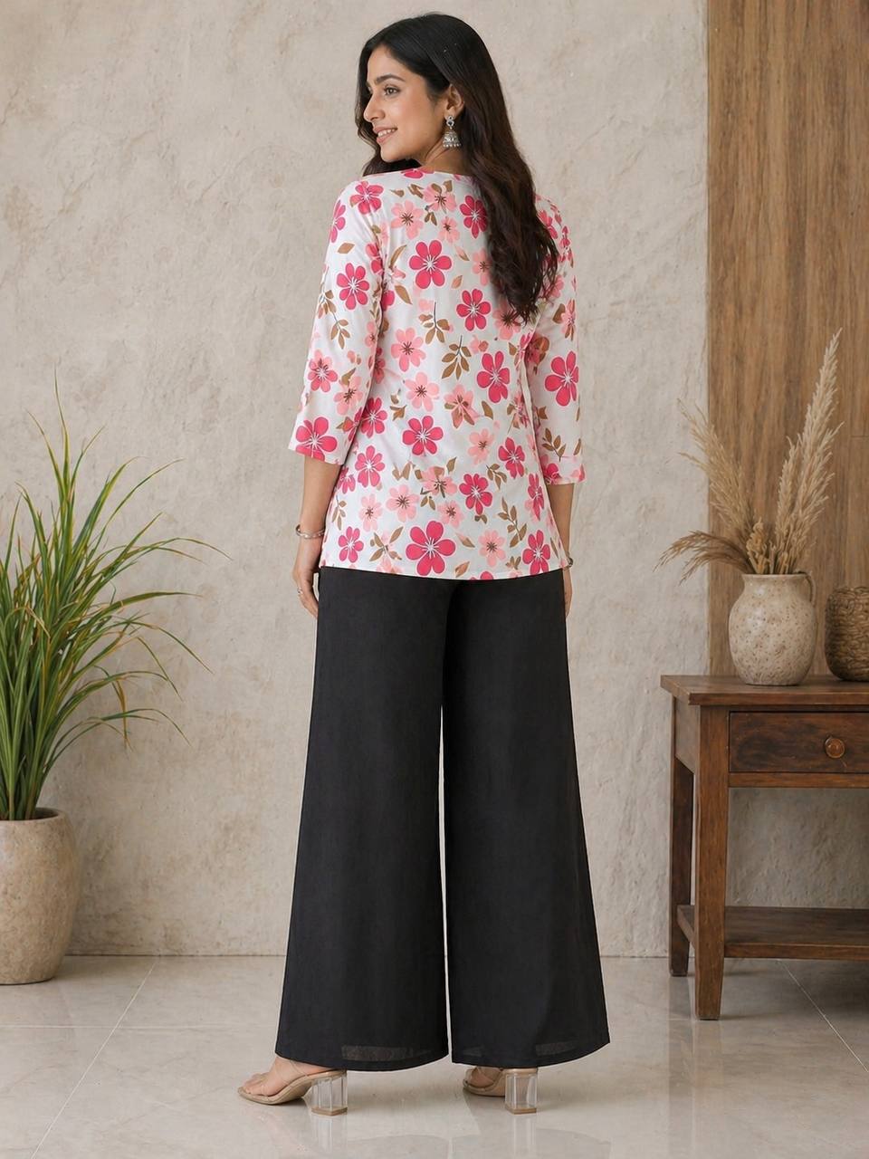 Coral Floral Print Kurti with Black Wide-Leg Palazzo Pants