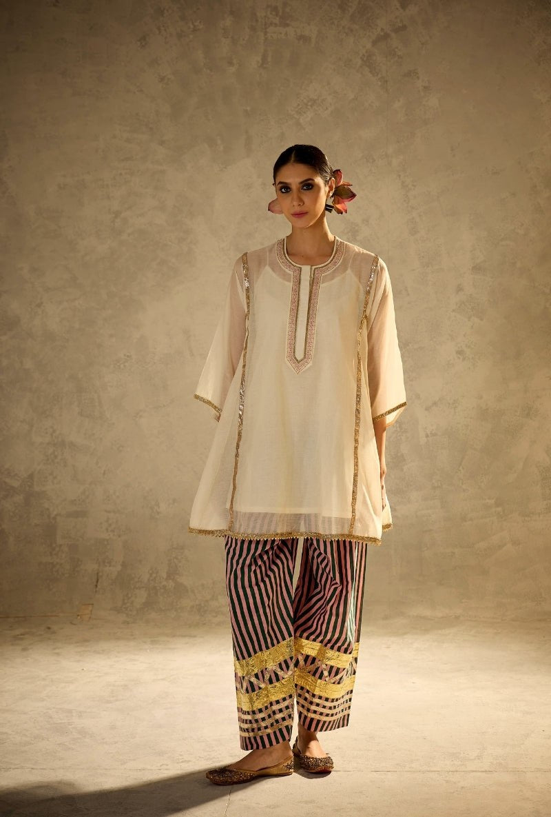 Ivory Kaftan Kurta with Hand-Embellished Striped Palazzo Set