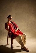 Ruby Red Mal Chanderi Cotton Kaftan Kurta with Ivory Palazzo Set