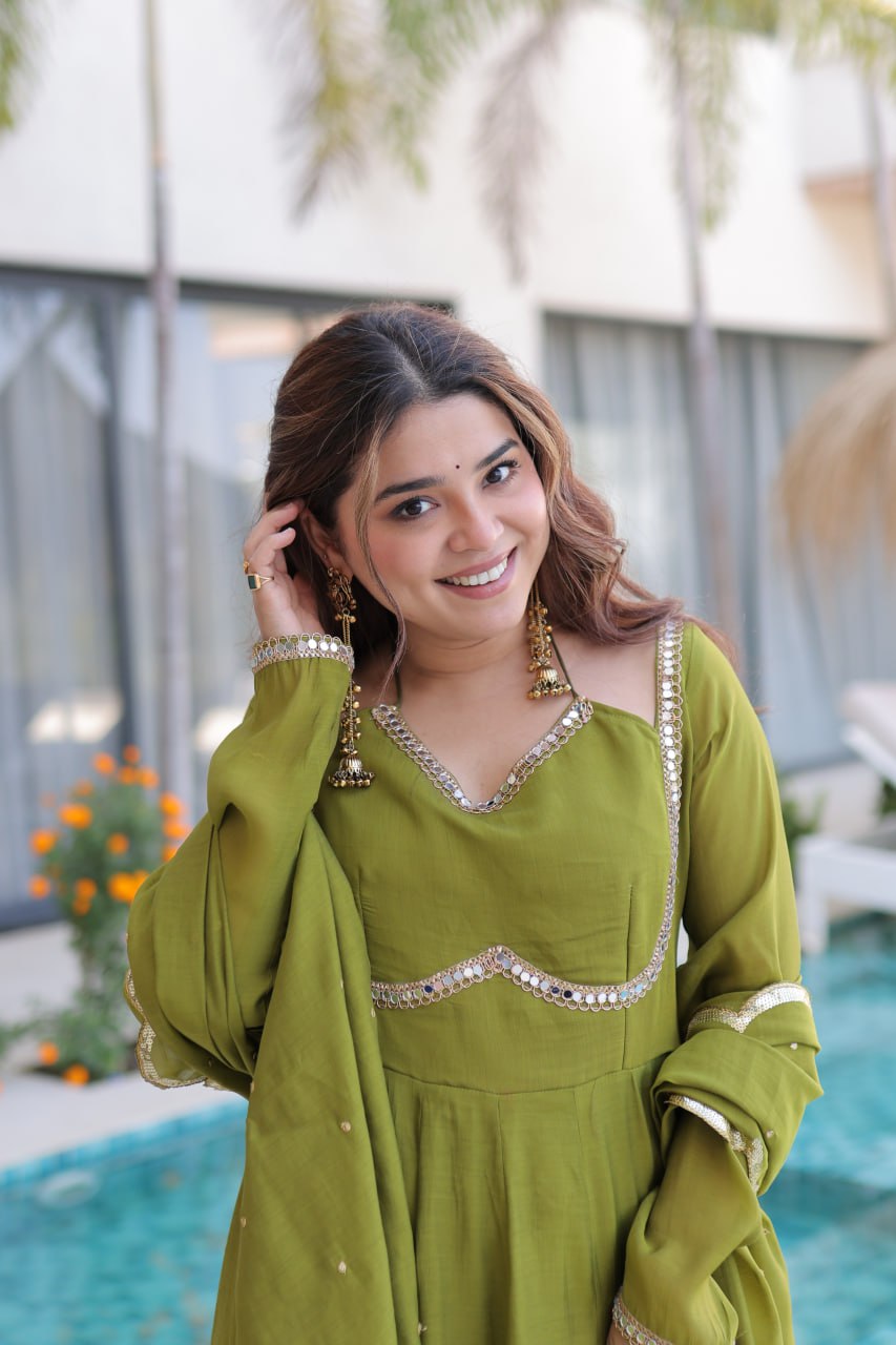 Luxury Olive Green Crape Silk Anarkali Gown Set with Mirror Work and Scalloped Dupatta