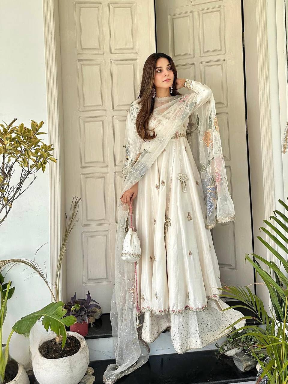 Luxury Ivory Crape Silk Anarkali Lehnga Set with Sheer Floral Dupatta and Potli