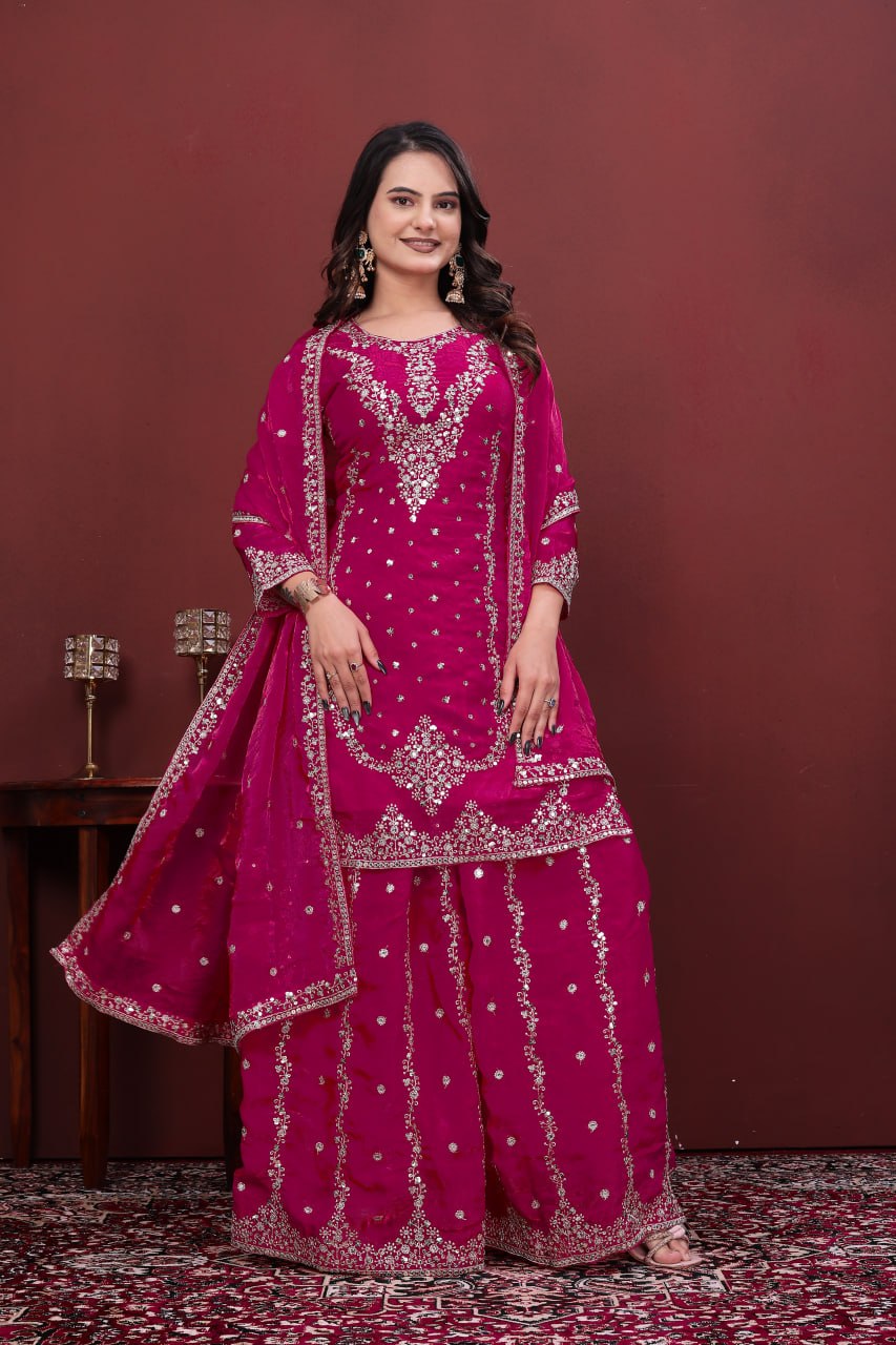 Premium Silk Sharara Set in Hot Pink – Festive Handwork Suit