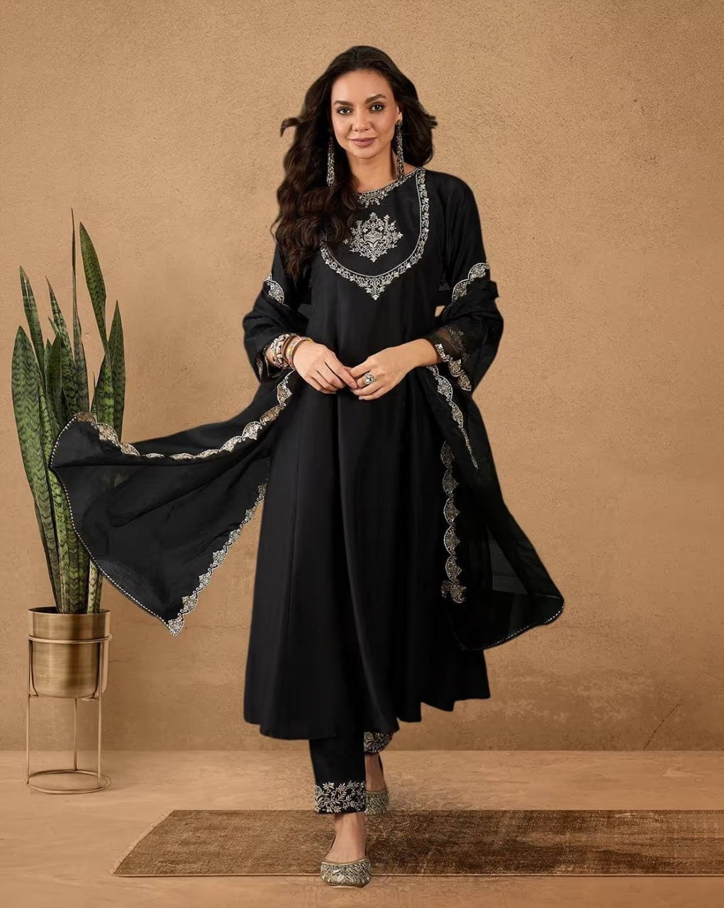 Midnight Black Anarkali Style Kalidar Kurta Set with Organza Dupatta – 3 Piece Suit