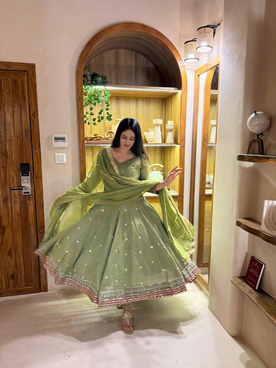 Olive Green Embroidered Anarkali Suit Set with Dupatta
