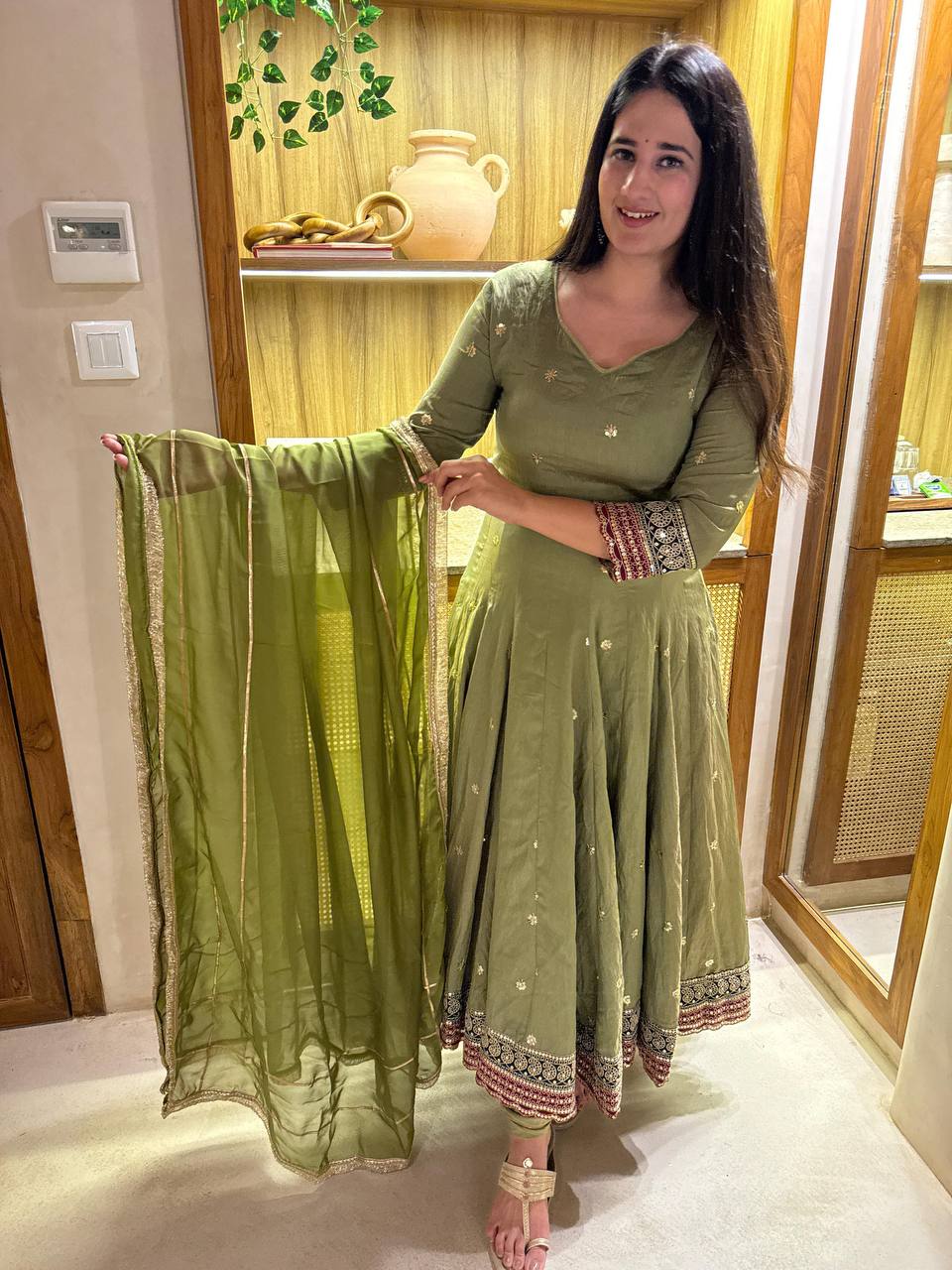 Olive Green Embroidered Anarkali Suit Set with Dupatta