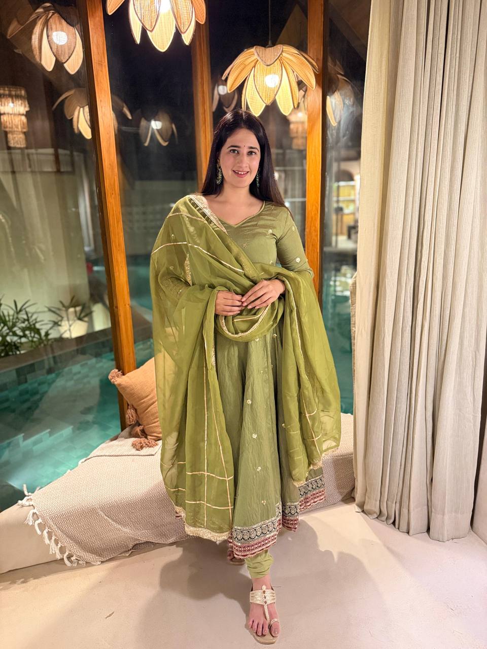 Olive Green Embroidered Anarkali Suit Set with Dupatta