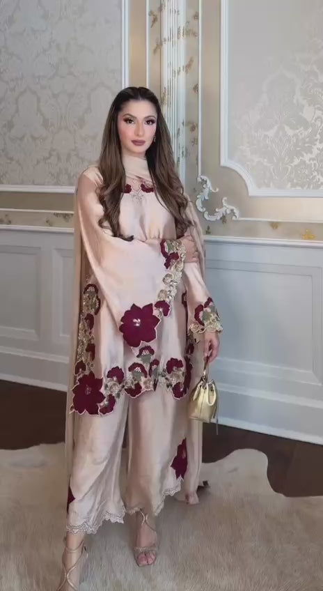 Luxury Champagne Embroidered Designer Suit Set with Floral Detailing
