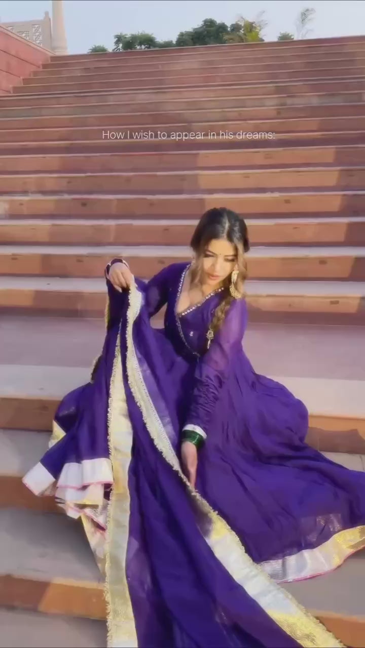 Royal Purple Anarkali Set with Golden Border and Dupatta
